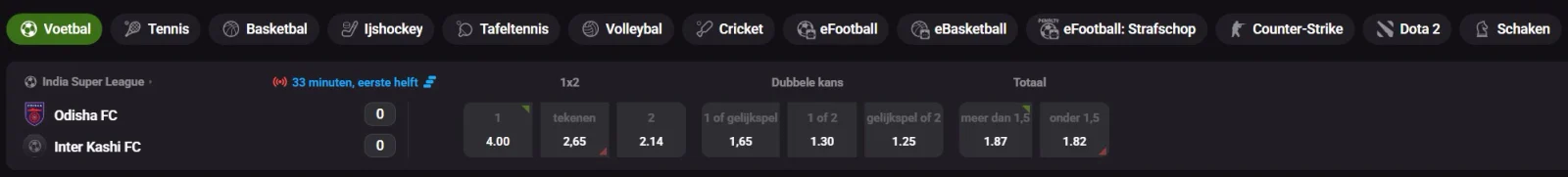 Sportsbook van Winzoria Casino met live wedden op voetbal, tennis, esports en meer, inclusief 1x2-, dubbele kans- en totaalmarkten